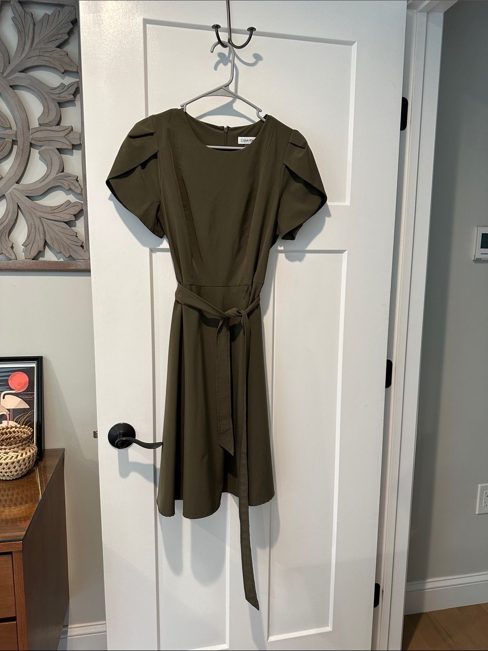 Calvin Klein Olive Green Puff-Sleeve Belted Midi Dress